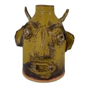 Johnny Lee Alabama Folk Art Face Jug Mustard Yellow Pottery Horns Tusks 2000s